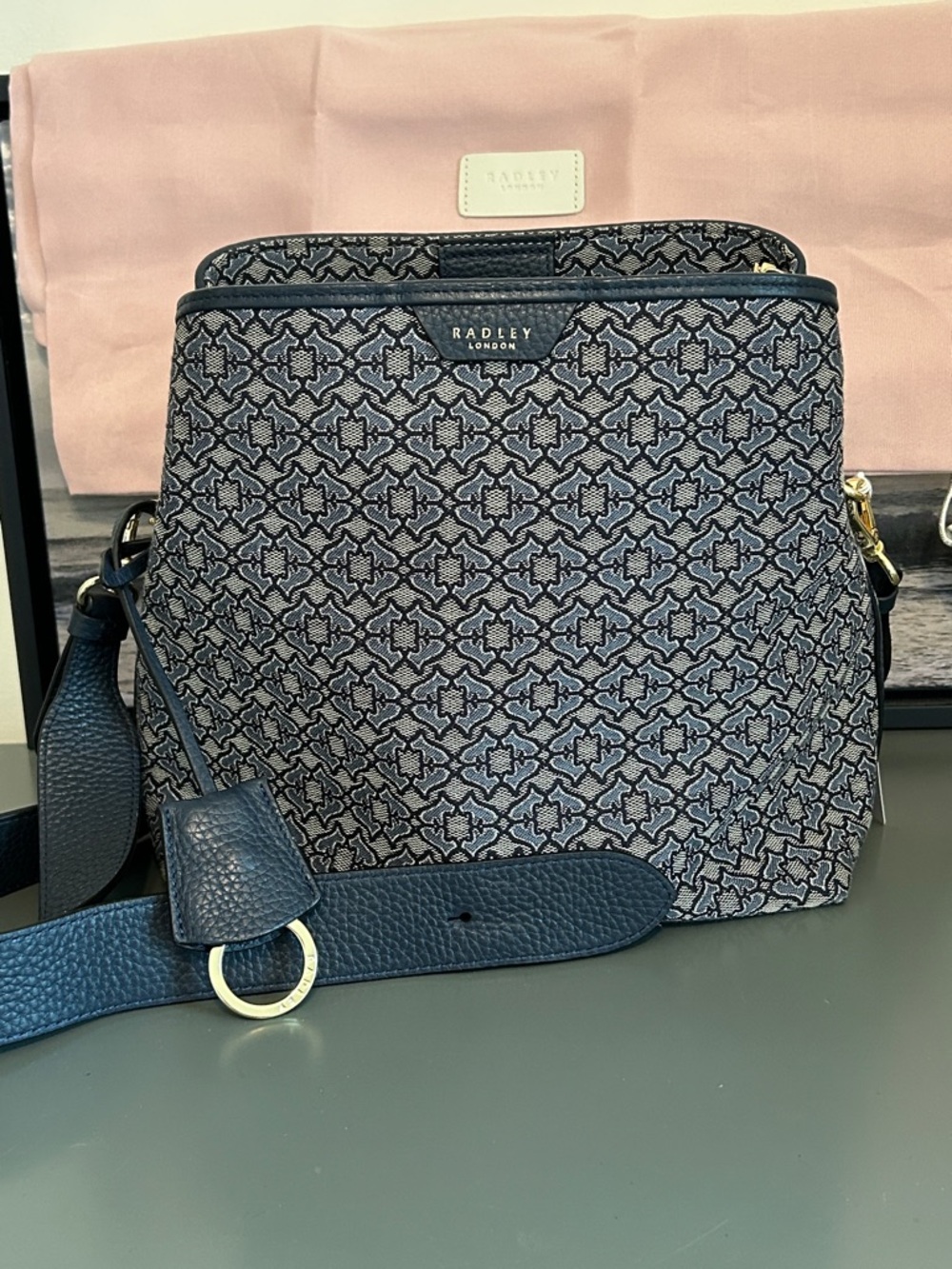 Radley London Navy Patterned Canvas Crossbody Bag.  New!